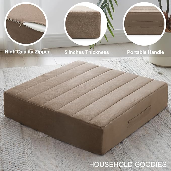 22 inches Floor Pillow for Adults - Large Meditation Cushion with Thick Foam & Soft Tufted Cover - Premium Outdoor Square Floor Cushion Seat - Yoga Pillows for Sitting On Floor - Coffee