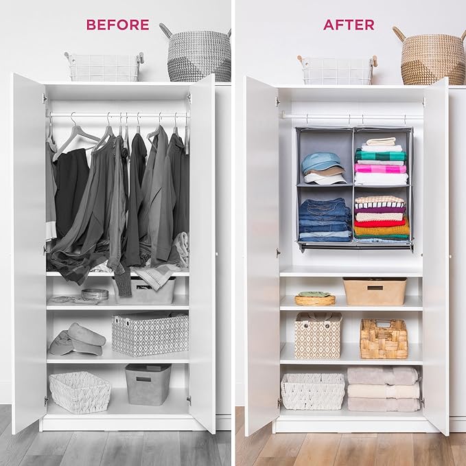HOLDN’ STORAGE - 4 Shelf Hanging Closet Organizer with Metal Rod - Bamboo Inserted, Holds up to 24 pounds - 24” W x 12” D x 29.5”H - Perfect for College Dorms & RV Hanging Organizer