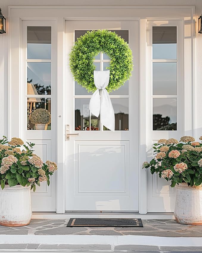 22 Inch Artificial Boxwood Wreaths for Front Door, Summer Door Wreath with Sash, Spring Green Wreath Weatherproof for Wall Window Porch Farmhouse Wedding Decor All Year Round Indoor Outdoor