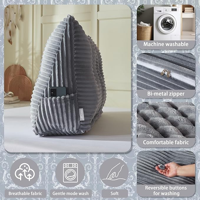 Headboard Wedge Pillow + A Long Neck Roll Pillow Body Pillow，Large Headboard Pillow with Removable Cover (Blue-Gray, Queen：59x8x20 inches)