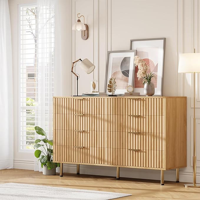 GarveeHome 8 Drawer Dresser for Bedroom, Fluted 55 in Wide Modern Chest of Drawers with Deep Drawers, Wooden Dresser Organizer for Living Room, Hallway, Kids Room, Natural