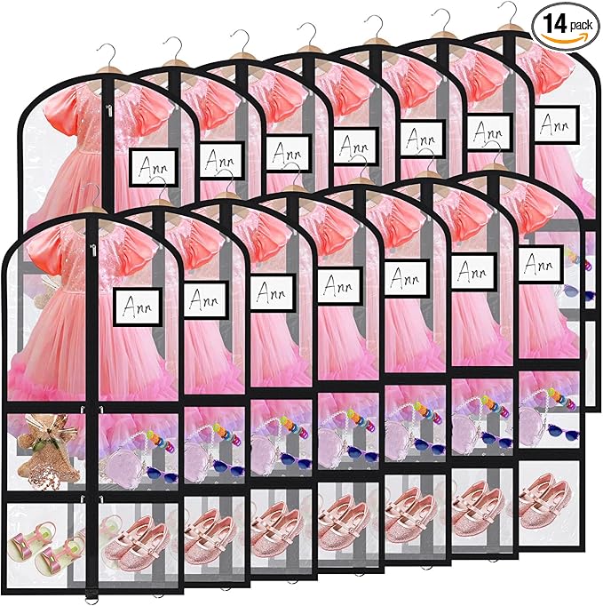 Geelin 14 Pcs Garment Bags for Dance Costumes PVC Clear with Zippers 20 x 40 Inch Garment Bag with Pockets Dance Costume Organizer Carrier for Storage Cover for Adult (Fully Transparent Black)
