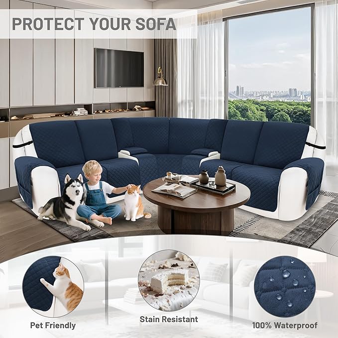 Reclining Sectional Couch Covers 100% Waterproof Velvet L Shape Recliner Couch Covers for Sofa Pets Washable Anti Slip Recliner Slipcovers with Pockets (5 Seat Sofa with 2 Console, Navy Blue)