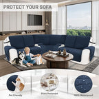 Reclining Sectional Couch Covers 100% Waterproof Velvet L Shape Recliner Couch Covers for Sofa Pets Washable Anti Slip Recliner Slipcovers with Pockets (5 Seat Sofa with 2 Console, Navy Blue)