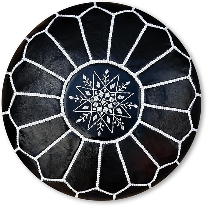 Poufs&Pillows Premium Moroccan Leather Pouf - Handmade - Delivered Stuffed - Ottoman, Footstool, Floor Cushion (Black)