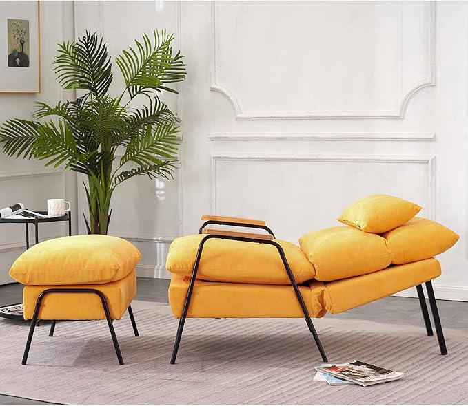 MCombo Accent Recliner Chair with Ottoman, Modern Linen Fabric Armchair, Upholstered Sofa Bed for Living Room Bedroom, Small Space 4055 (Yellow)