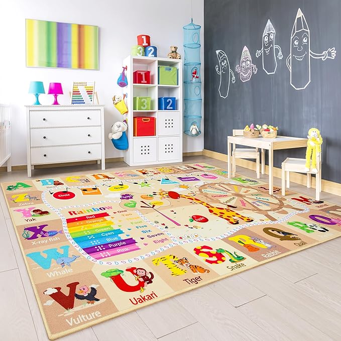Chicrug Educational Kid Area Rug for Playroom, 9x12 Feet TPR Non Slip Kids Classroom Carpet Rug for Learning ABC Animal Shape Color Fruit, Washable Play Mat Rug for Children Nursery Toddler Room Decor