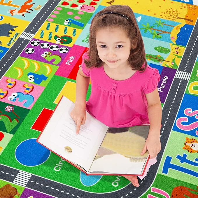 HOMORE Kids Educational Rug, Kids Collection Area Rug for Learning Alphabet, Numbers, Colors, Season and Animal Words, Playmat for Classroom Playroom, 4x6 Feet Green