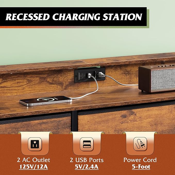 WLIVE Dresser TV Stand for 45, 50, 55 inch TV, Entertainment Center with LED Lights & Charging Station, Chest of Drawers with 9 Fabric Drawers and Open Shelves for Living Room, Hallway, Rustic Brown