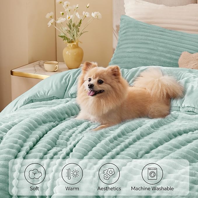 BEDELITE Fleece Twin Comforter Set -Super Soft & Warm Fluffy Light Green Bedding, Luxury Fuzzy Heavy Bed Set for Winter with 1 Pillow case