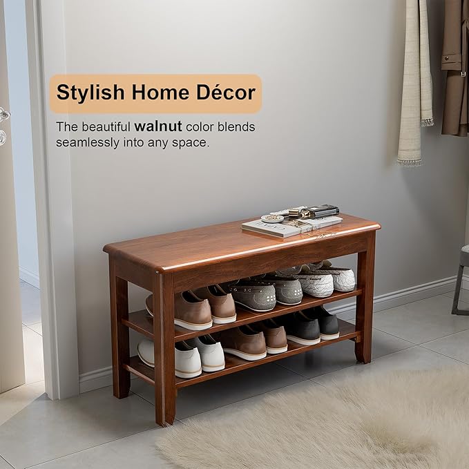 Shoe Storage Bench for Entryway - 3 Tier Shoe Rack for Front Door Entrance, Rubberwood Shoe Rack with Bench Height Adjustable, Entryway Bench with Shoe Storage for Any Room (Walnut, 31.5" W)