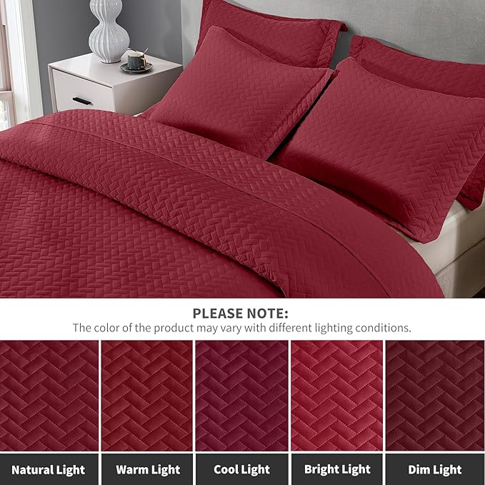 Maple&Stone Quilt Set Oversized King Size, 128"x120" Lightweight Burgundy Bedspread Ultrasonic Chevron Pattern Light Coverlet for All Season Comforter Bedding Decor - 3 Piece Bed Cover Sets