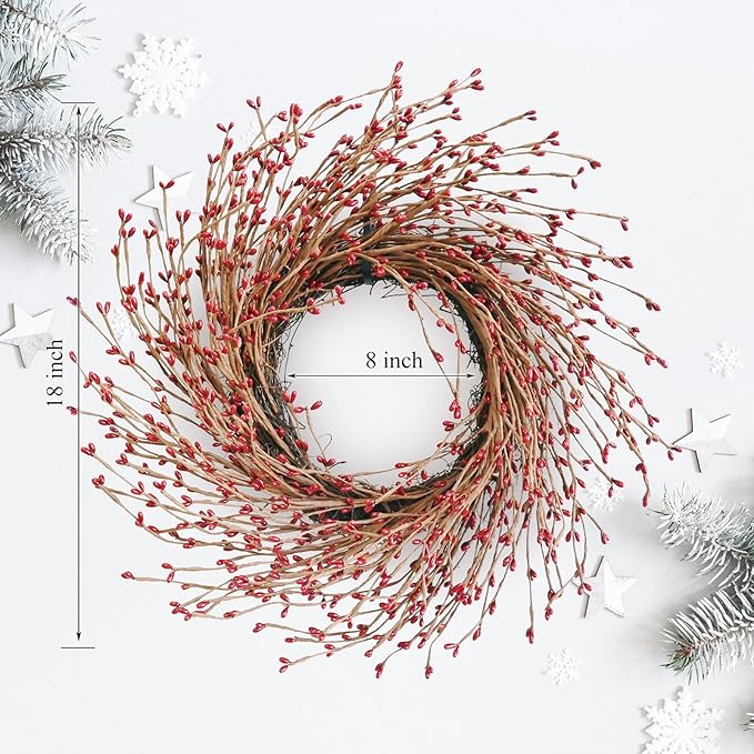 Spring Front Door Wreath - 18 Inch Artificial Twig Wreath with Red & Burgundy Berries, Eucalyptus Leaves, Grapevine for Farmhouse Window Hanging Christmas Decor