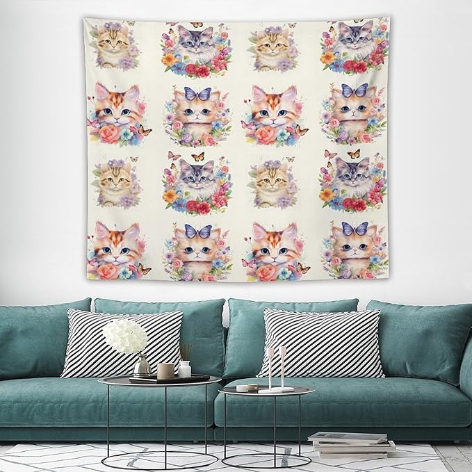 VUMIVI Watercolor Flower Cat Tapestry Colorful Cartoon Cute Animals Butterflies Abstract Art Print Tapestry Wall Hanging for Living Room Bedroom Dorm Classroom Aesthetic Decor W60xL50in