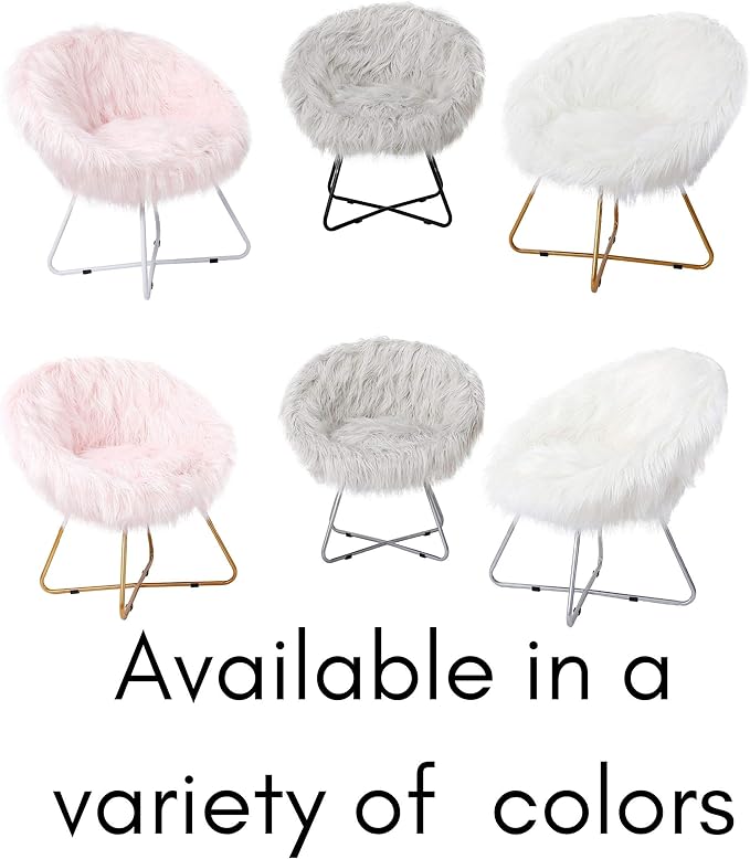 BIRDROCK HOME Faux Fur Papasan Chair with Black Legs - Luxuriously Soft & Lightweight - Wide Cushion Seat for Playroom, or Living Room - Moon Chair - Metal - Fluffy Round Seat - Circle - Grey