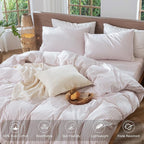 MooMee Striped Duvet Cover Set 100% Washed Cotton Linen Like Textured Breathable Durable Soft Comfy (Heathered Greyish Pink Classic Stripes, Full 80"x90")