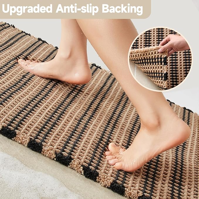 Waffle Bath Mat, Boho Bathroom Rugs Non Slip Washable Super Absorbent Quick Dry Bath Mat Farmhouse Bathroom Decor, 30"x20" Black and Khaki