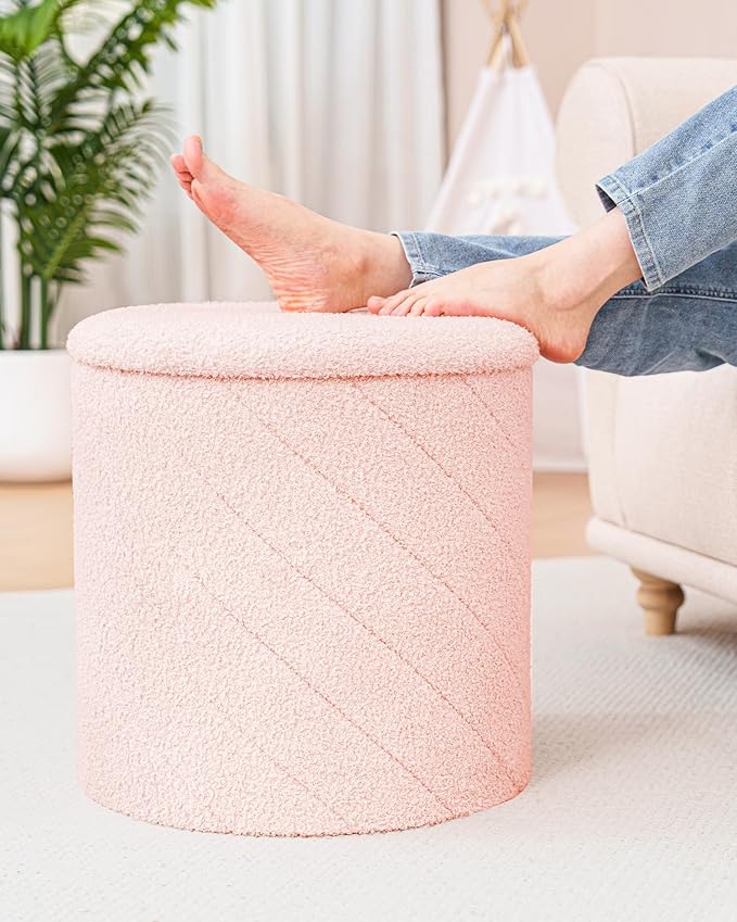 Round Boucle Storage Ottoman with Reversible Wood Tray, 17.7" Sherpa Cylinder Footrest Stool with Storage, Upholstered Folding Ottoman Coffee Table for Living Room Bedroom Dorm, Pink