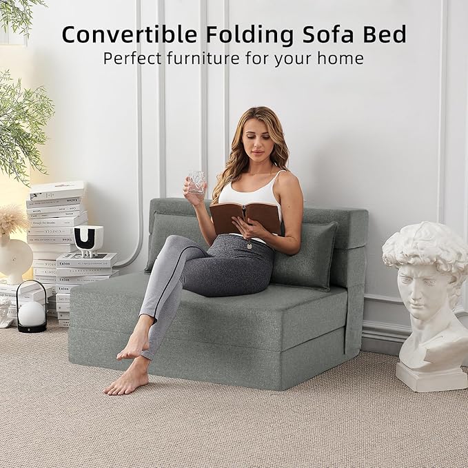 FILUXE Convertible Folding Sofa Bed - Sleeper Chair with Pillow, Modern Linen Fabric Floor & Futon Couch, Foldable Mattress for Living Room/Dorm/Guest/Home Office/Apartment, Standard Size, Light Gray