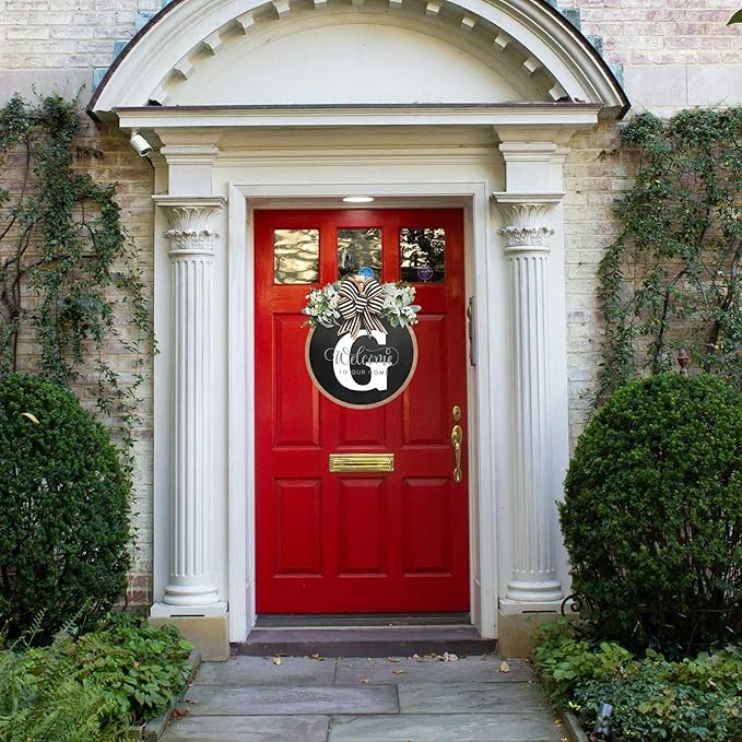 Circular Surname Front Door Welcome Sign - 26 Letter House Wreath, Front Porch Decorations, Year-Round Home Decor (G)
