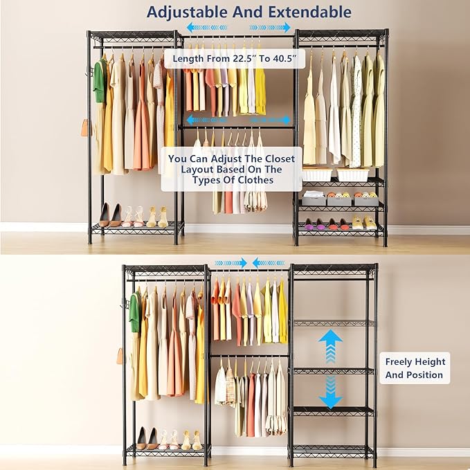 Clothes Rack, Heavy Duty Clothes Rack, Large Wire Closet Garment Rack, Freestanding Expandable Metal Clothing Rack with 4 Hanging Rods, 6 Shelves, and 4 Hangers for Hanging Clothes, Black