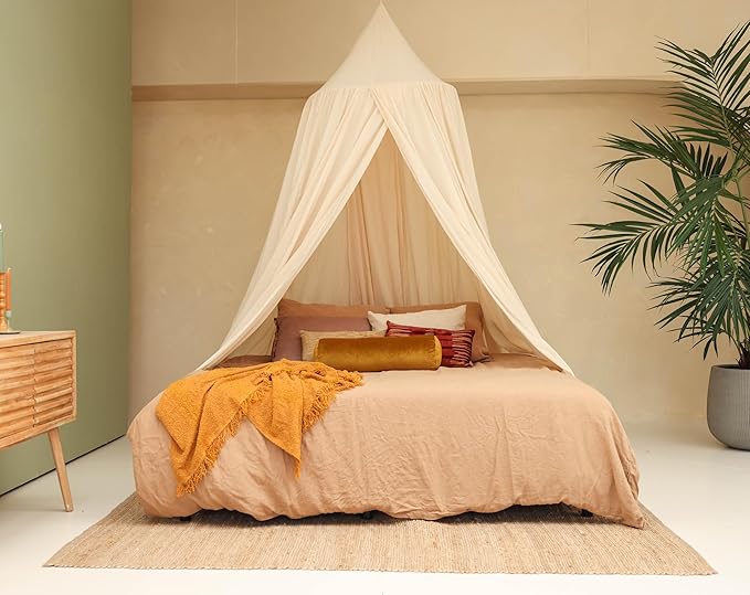 Cream Beige Bed Canopy for Queen and King-Sized Beds | Bedroom Decoration for Teens or Adults | Conical Shape Insect Netting | Mosquito Net in Multiple Colors and Sizes