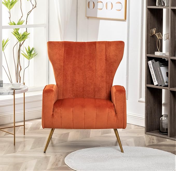 Modern Velvet Accent Chair, Channel Tufted Bedroom, Office or Living Room Furniture with Elegant Metal Legs, 26" Wide Armchair, Orange Red