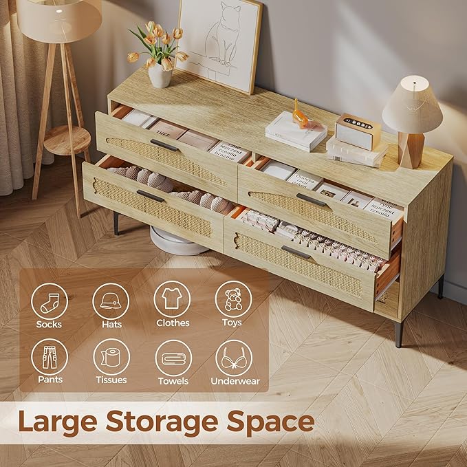 Mericonia 6 Drawer Double Dresser for Bedroom, Wood Rattan Dresser for Closet with Metal Legs, Boho TV Stand with Drawers, Dressers & Chests of Drawers for Bedroom, Hallway and Entryway, Oak