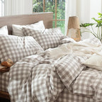 MooMee Gingham Duvet Cover Set 100% Washed Cotton Linen Like Textured Breathable Durable Soft Comfy Modern Checkered Design (Buffalo Plaid Tannish Linen Grey, Queen 90"x90")