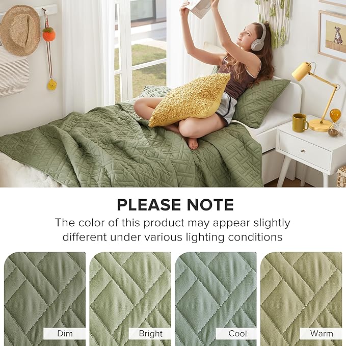 Comfort Spaces Twin Quilt Set Modern Reversible Diamond Coverlet Twin Bedding Set Cozy Quilted Winter Layer, All Season Lightweight Soft Twin Size Quilt, Kienna, Twin/Twin XL Olive Green 2 Piece