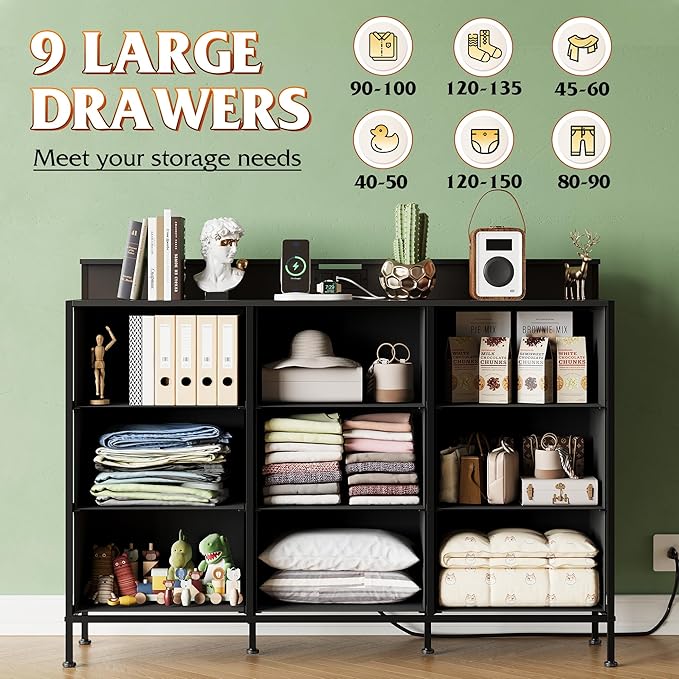 WLIVE Black Dresser TV Stand for 45, 50, 55 inch TV, Entertainment Center with LED Lights & Charging Station, Chest of drawers with 9 Fabric Drawers and Open Shelves for Living Room, Hallway, Wood Top