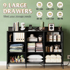 WLIVE Black Dresser TV Stand for 45, 50, 55 inch TV, Entertainment Center with LED Lights & Charging Station, Chest of drawers with 9 Fabric Drawers and Open Shelves for Living Room, Hallway, Wood Top