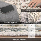 Washable 10x14 Area Rugs for Living Room, Boho Non-Slip Vintage Distress Large Rugs for Bedroom Dining Room Office, 0.3" Neutral Oriental Throw Thin Carpet, Beige/Rust/Green/Multi