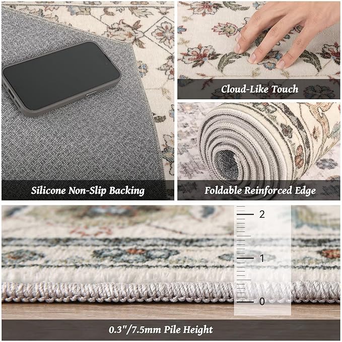 Washable 4x6 Rugs for Living Room, Boho Non-Slip Vintage Distress Small Rugs for Bedroom Nursery Office, 0.3" Neutral Oriental Throw Thin Carpet with Cushioning Pad, Beige/Rust/Green/Multi