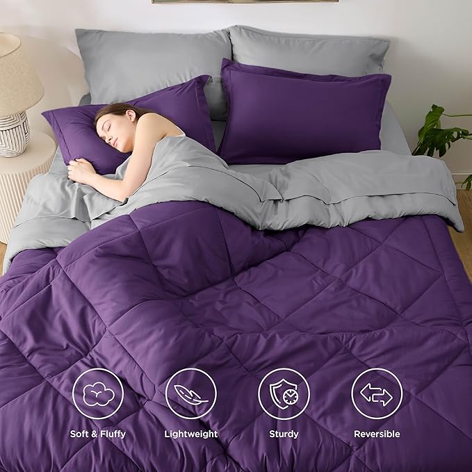 Bedsure King Size Comforter Set - 7 Pieces Reversible Purple Bedding, King Size Bed Set for All Seasons, Bed in a Bag with Down Alternative Comforter, Sheets, Pillowcases & Shams