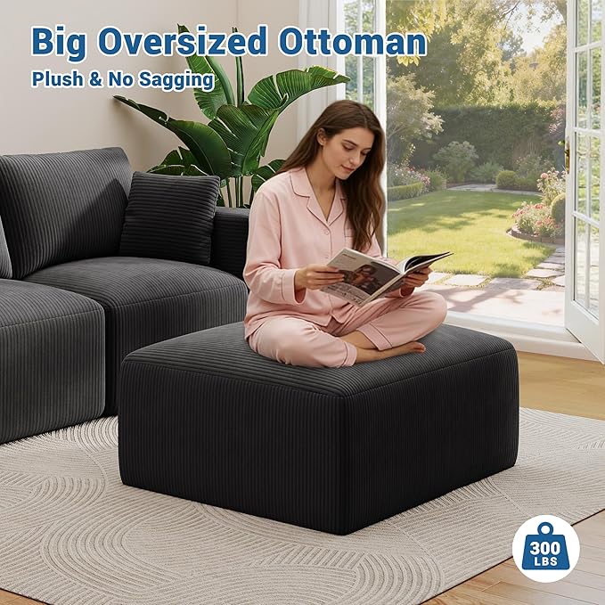 40" Square Stuffed Ottoman Pouf for Sofa Couch, Corduroy Poufs with Foam Chunk Filling, Furry & Fluffy Pouf Foot Stool Movable Ottoman. 40*40 Floor Poufs Foot Rest for Living Room, Black(1 Piece Set)