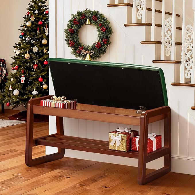 HABUTWAY Solid Wood Shoe Rack with Flip-Top Storage, Entryway Shoe Bench with Cushion, 2 Tier Shoes Storage Organizer for Hallway, Living Room-(Green,31.5"-M)