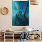 Ambesonne Nautical Tapestry, Dolphins Ruined and Wreckage Underwater Sunken Ship Mystery and Treasure Marine Style of an Artwork, Wall Hanging for Bedroom Living Room Dorm Decor, 40" X 60", Blue Teal