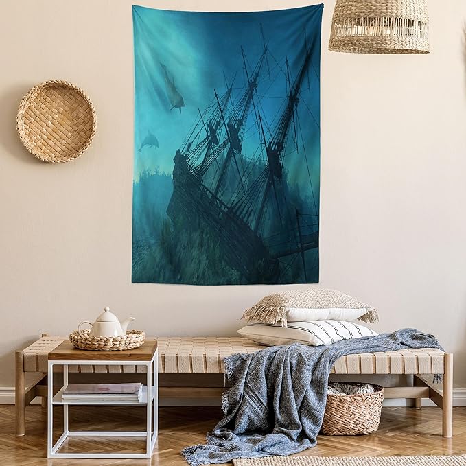 Ambesonne Nautical Tapestry, Dolphins Ruined and Wreckage Underwater Sunken Ship Mystery and Treasure Marine Style of an Artwork, Wall Hanging for Bedroom Living Room Dorm Decor, 40" X 60", Blue Teal