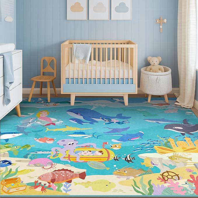 Blue Ocean Themed Rug for Kids Room – 5x8 Underwater Play Mat with Sea Creatures & Mermaid, Washable Non Slip Crawling Carpet for Bedroom or Playroom