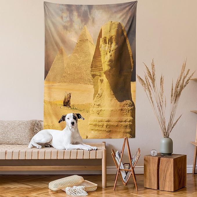 Ambesonne Egyptian Print Tapestry, Sphinx Face Other Pyramids in Egypt Old Historical Monument, Wall Hanging for Bedroom Living Room Dorm Decor, 60" X 80", Amber Sand Brown