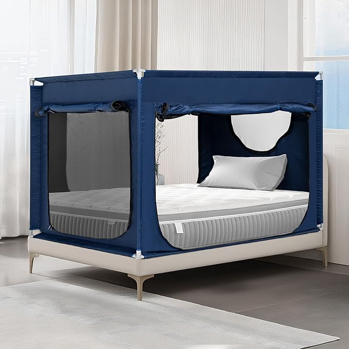Bed Canopy Portable Blackout Bed Tent Privacy Tent for Adult Indoor Sleeping with 3 Doors, Storage Bag