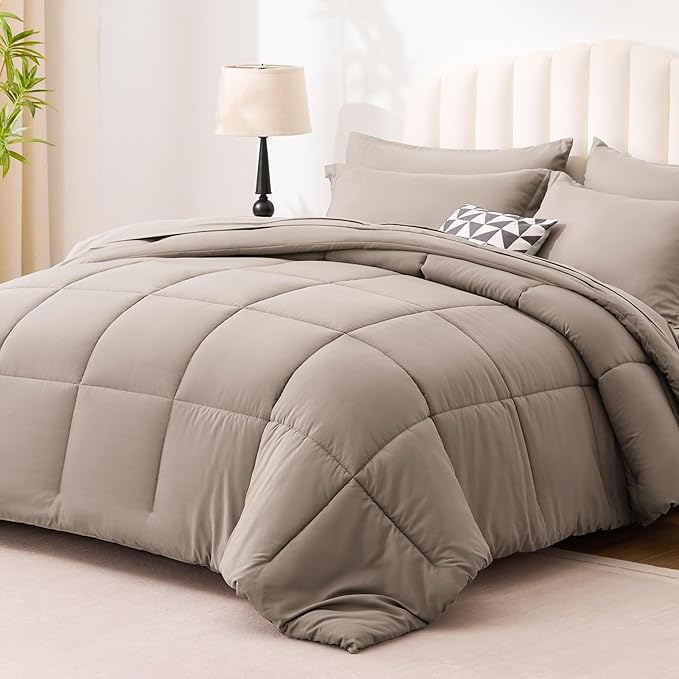 Love's cabin California King Comforter Set Light Brown, 7 Pieces California King Bed in a Bag, All Season Bedding Sets with 1 Comforter, 1 Flat Sheet, 1 Fitted Sheet, 2 Pillowcase and 2 Pillow Sham