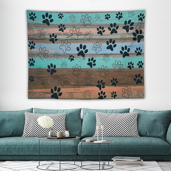 VUMIVI Dog Paw Print Tapestry Rustic Farmhouse Vintage Wood Paneling Home Decor Tapestry Wall Hanging for Living Room Bedroom Dorm Classroom Aesthetic Decor W80xL60in