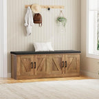 2-Tier Storage Bench, 47.2" Wide Shoe Bench with Padded Seat Cushion, Entryway Bench with 4 Barn Doors and Adjustable Shelf, Rustic Walnut