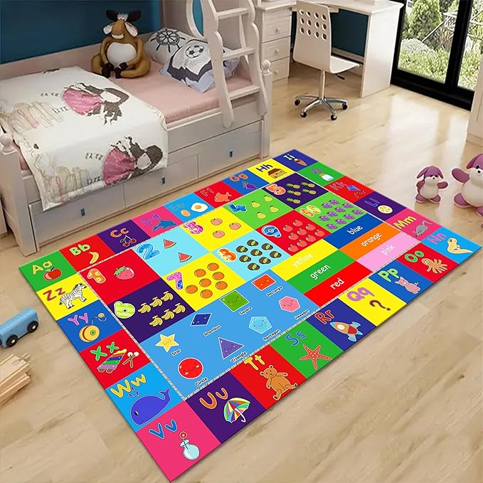 Educational Kids Rug 5x6ft - Alphabet, Numbers & Animals Learning Mat - Non-Slip & Machine Washable Play Carpet for Toddlers, Nursery, Playroom, Preschool Classroom