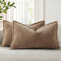 decorUhome Spring Chenille Soft Cozy Throw Pillow Covers 12x20 Set of 2, Modern Farmhouse Boho Velvet Decorative Pillow Cases with Stitched Edge for Couch Sofa Bed Home Decor, Brown