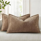 decorUhome Spring Chenille Soft Cozy Throw Pillow Covers 12x20 Set of 2, Modern Farmhouse Boho Velvet Decorative Pillow Cases with Stitched Edge for Couch Sofa Bed Home Decor, Brown