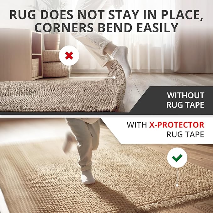 X-Protector Rug Tape - 16 Pcs Set - White Anti-Slip & Anti-Curling Carpet Tape for Hard Floors - Premium Rug Pad Gripper - Carpet Corner Grippers to Keep Your Carpet in Place & Make Corners Flat
