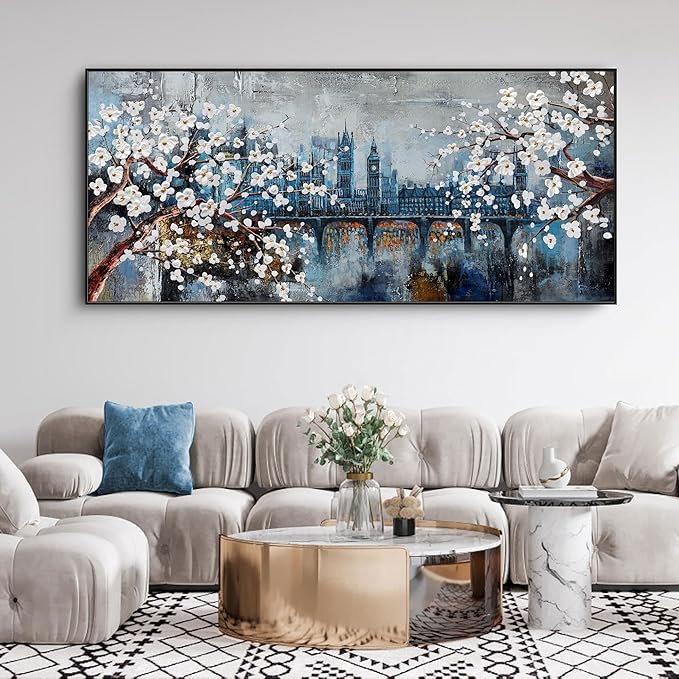 KLAKLA Extra Large Wall Art for Living Room City Scenes - Black Frame Large Abstract Wall Decor Bedroom Office Landscape Plum Blossom Picture Artwork for wall Modern Home Decoration